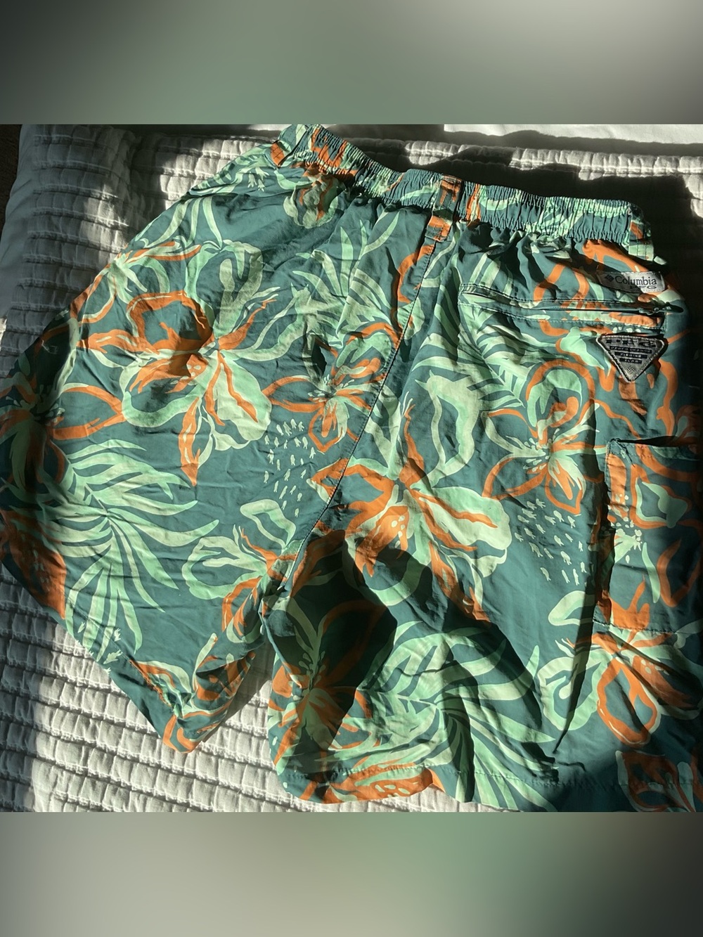 Columbia PFG Floral Print Swim Trunks in Teal & Orange Men Small